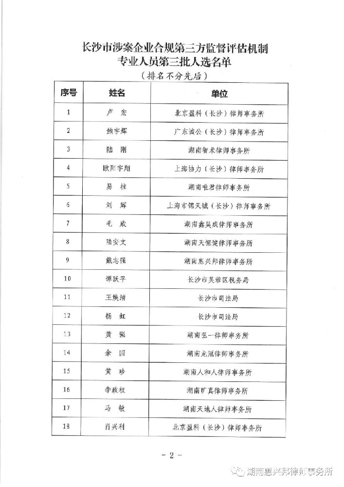 我所主任戴志強律師被選任為長沙市涉案企業合規第三方監督評估機制專業人員